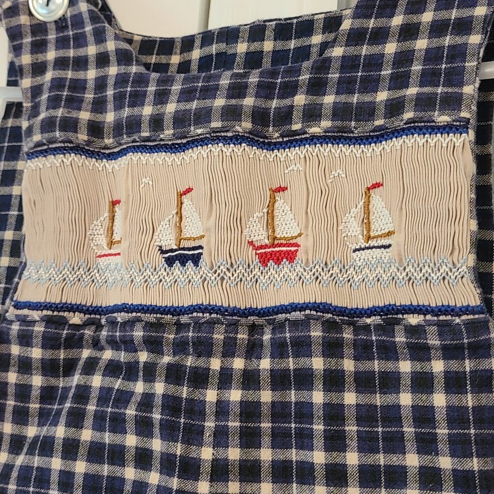 Navy and Tan Smocked Romper with sailboats